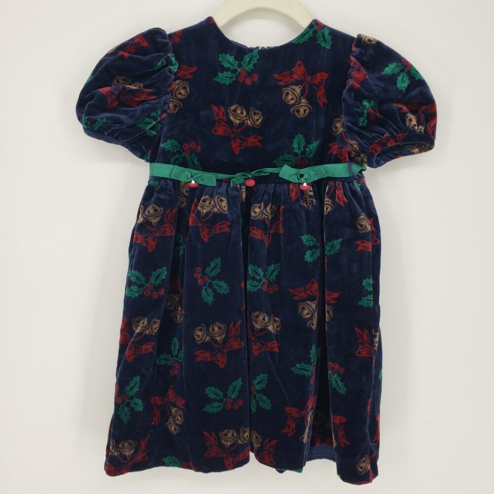 Good Lad of Philadelphia Velvet Christmas Bells Bows Dress 4T Holly Blue Red